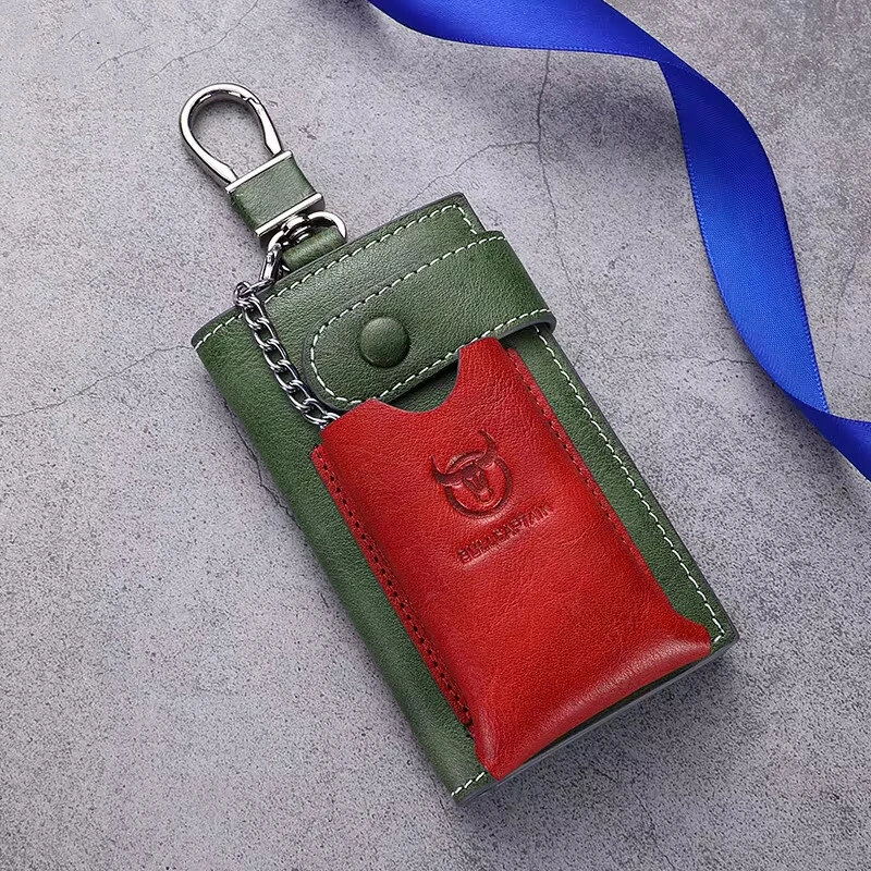 (image for) BULLCAPTAIN Genuine Leather Mens Keycase Portable Car Keychain Storage Key Holder Fashion Color Block Design Housekeeper Stand Stylish Compact Key Bag